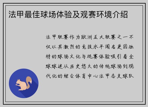 法甲最佳球场体验及观赛环境介绍